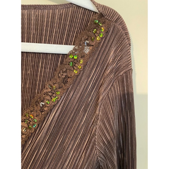 Vtg Y2K Woodland Fairy Babydoll Top XL Brown Plisse Beaded Lace Fashion Bug - Picture 6 of 6